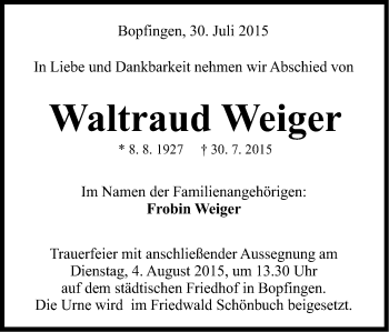 Traueranzeige von Waltraud Weiger von Schwäbische Post