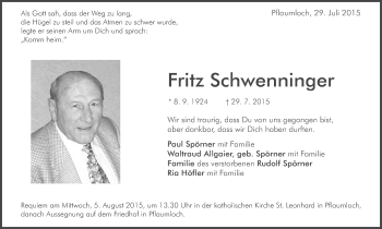 Traueranzeige von Fritz Schwenninger von Schwäbische Post