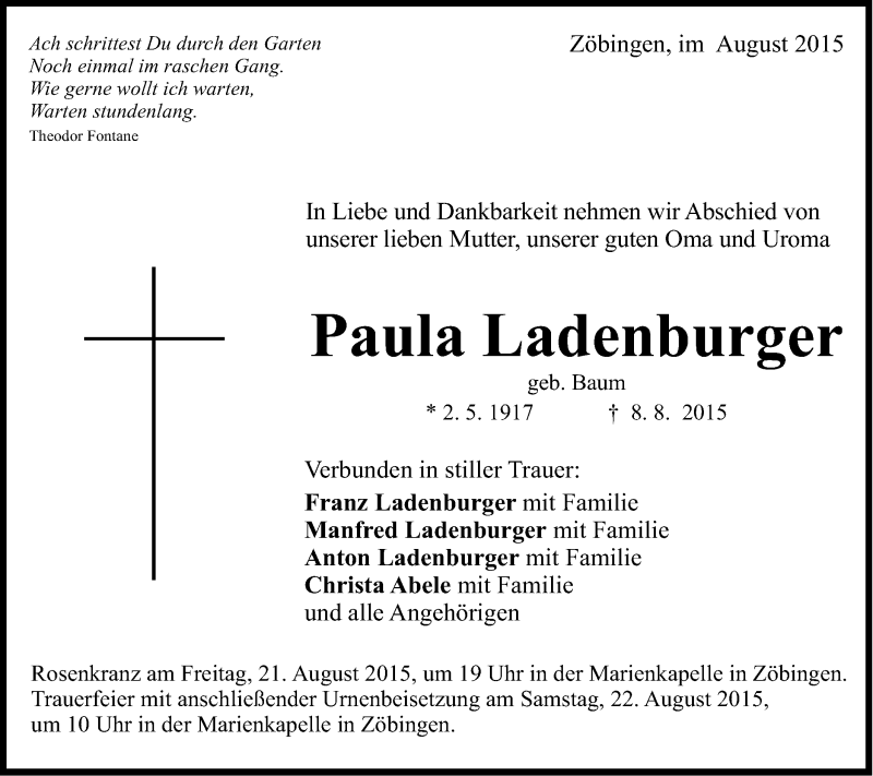 Traueranzeige für Paula Ladenburger vom 18.08.2015 aus Schwäbische Post