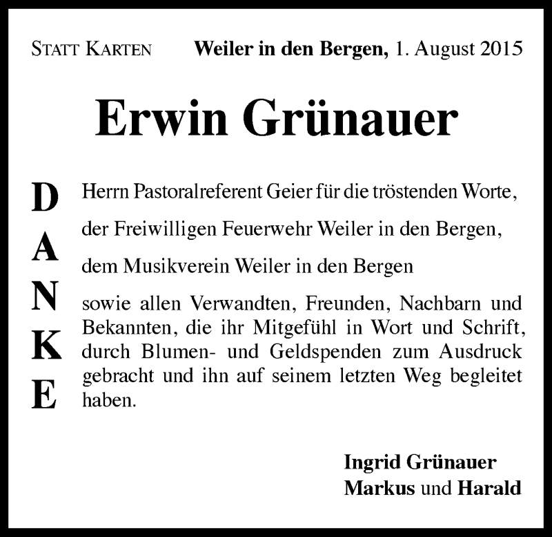  Traueranzeige für Erwin Grünauer vom 01.08.2015 aus Gmünder Tagespost