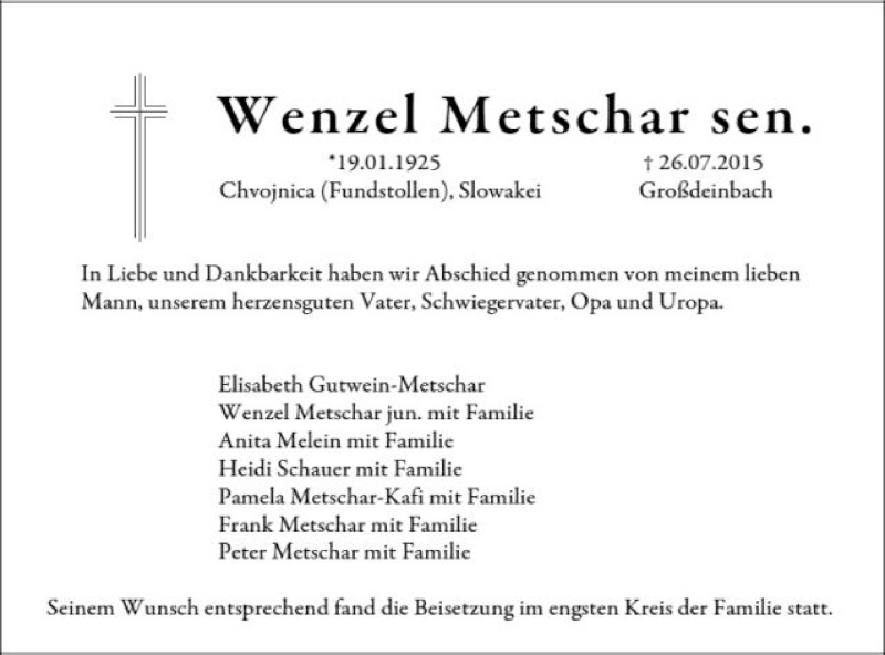  Traueranzeige für Wenzel Metschar vom 03.08.2015 aus Gmünder Tagespost