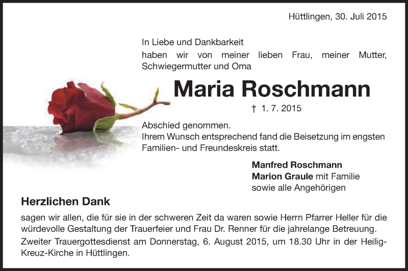  Traueranzeige für Maria Roschmann vom 01.08.2015 aus Schwäbische Post