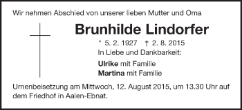 Traueranzeige von Brunhilde Lindorfer von Schwäbische Post