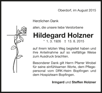 Traueranzeige von Hildegard Holzner von OstalbTrauer