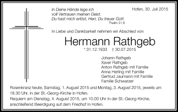 Traueranzeige von Hermann Rathgeb von Schwäbische Post