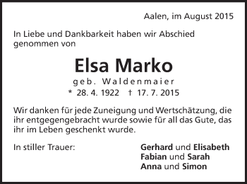 Traueranzeige von Elsa Marko von Schwäbische Post