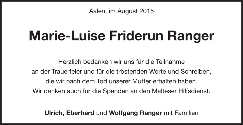  Traueranzeige für Marie-Luise Friderun Ranger vom 08.08.2015 aus Schwäbische Post