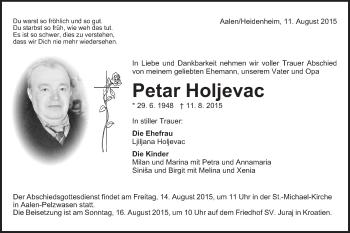 Traueranzeige von Petar Holjevac von Schwäbische Post