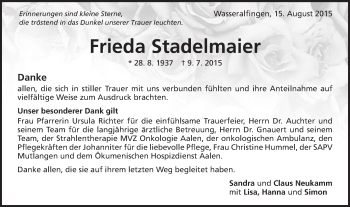 Traueranzeige von Frieda Stadelmaier von Schwäbische Post