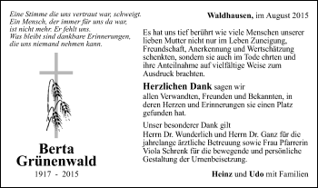 Traueranzeige von Berta Grünenwald von Gmünder Tagespost