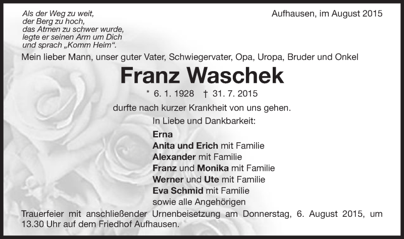  Traueranzeige für Franz Waschek vom 04.08.2015 aus Schwäbische Post