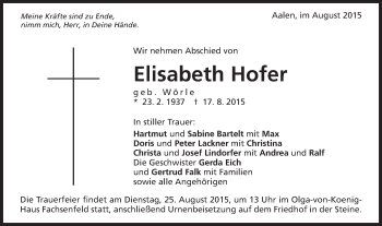 Traueranzeige von Elisabeth Hofer von Schwäbische Post