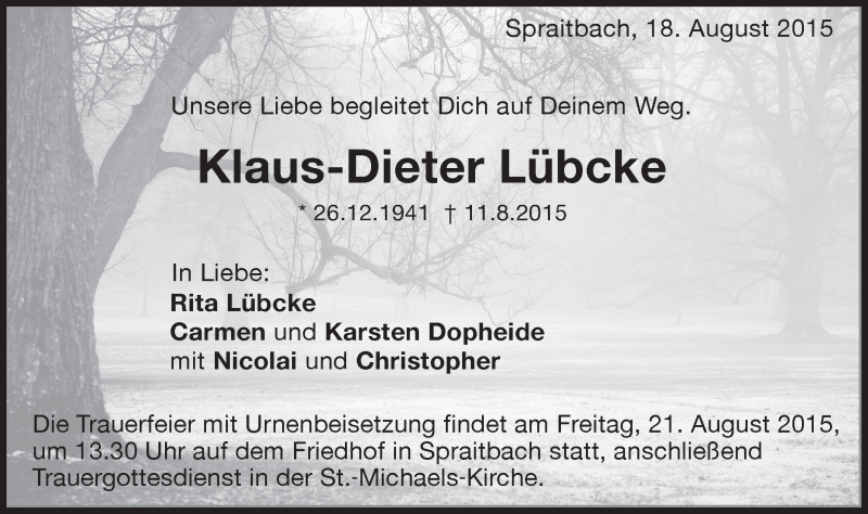  Traueranzeige für Klaus-Dieter Lübcke vom 18.08.2015 aus Gmünder Tagespost
