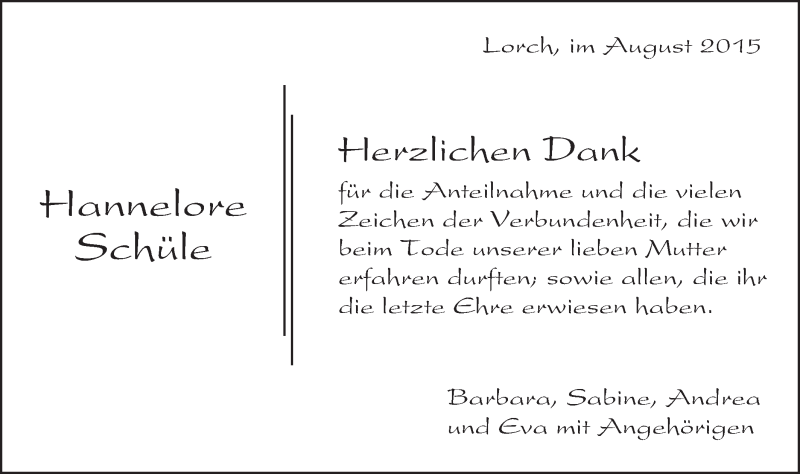  Traueranzeige für Hannelore Schüle vom 25.08.2015 aus Gmünder Tagespost