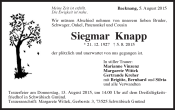 Traueranzeige von Siegmar Knapp von Gmünder Tagespost