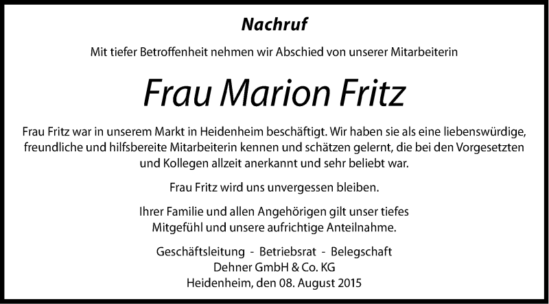  Traueranzeige für Marion Fritz vom 08.08.2015 aus Schwäbische Post