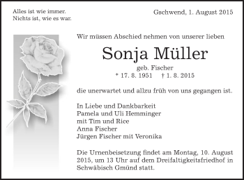 Traueranzeige von Sonja Müller von Gmünder Tagespost