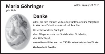 Traueranzeige von Maria Göhringer von Schwäbische Post