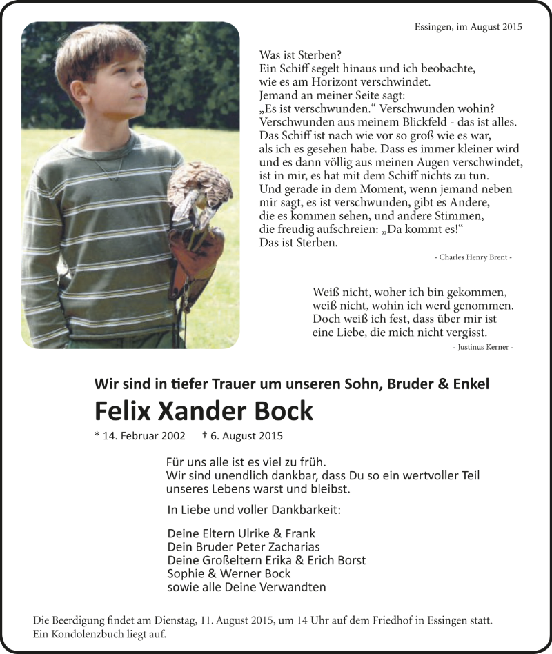  Traueranzeige für Felix Xander Bock vom 10.08.2015 aus OstalbTrauer