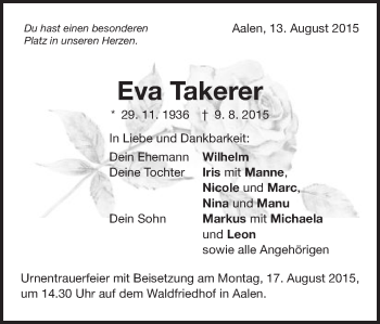 Traueranzeige von Eva Takerer von Schwäbische Post