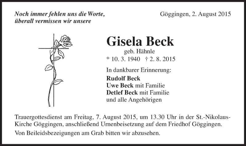  Traueranzeige für Gisela Beck  vom 04.08.2015 aus Gmünder Tagespost