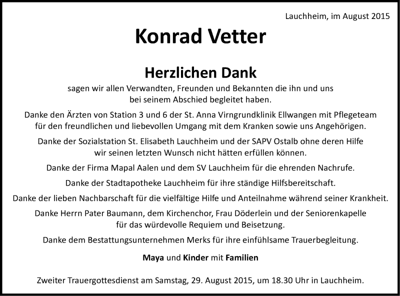  Traueranzeige für Konrad Vetter vom 15.08.2015 aus Schwäbische Post