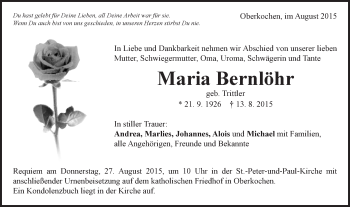 Traueranzeige von Maria Bernlöhr von Schwäbische Post