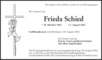 Traueranzeige von Frieda Schied von Schwäbische Post
