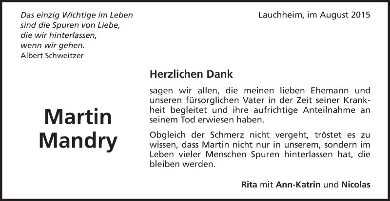  Traueranzeige für Martin Mandry vom 11.08.2015 aus Schwäbische Post