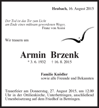 Traueranzeige von Armin Brzenk von Gmünder Tagespost