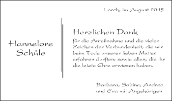 Traueranzeige von Hannelore Schüle von Gmünder Tagespost