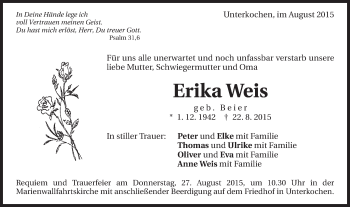 Traueranzeige von Erika Weis von Schwäbische Post
