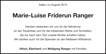 Traueranzeige von Marie-Luise Friderun Ranger von Schwäbische Post