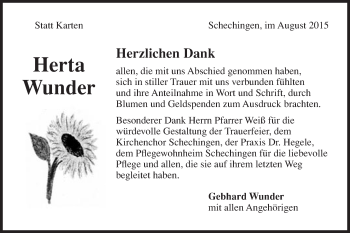 Traueranzeige von Herta Wunder von Gmünder Tagespost
