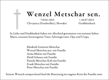 Traueranzeige von Wenzel Metschar von Gmünder Tagespost