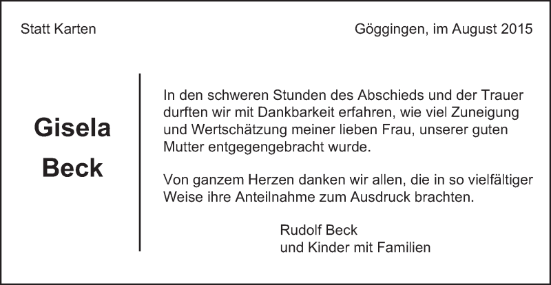  Traueranzeige für Gisela Beck  vom 24.08.2015 aus Gmünder Tagespost