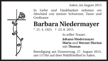 Traueranzeige von Barbara Niedermayer von Schwäbische Post