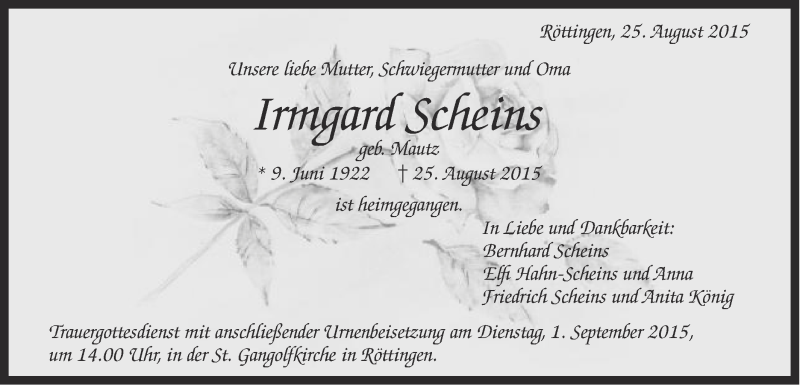  Traueranzeige für Irmgard Scheins vom 29.08.2015 aus Schwäbische Post
