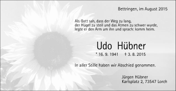 Traueranzeige von Udo Hübner von Gmünder Tagespost