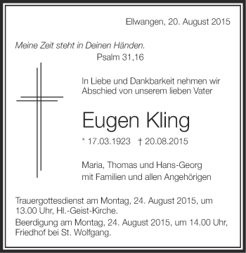 Traueranzeige von Eugen Kling von Schwäbische Post