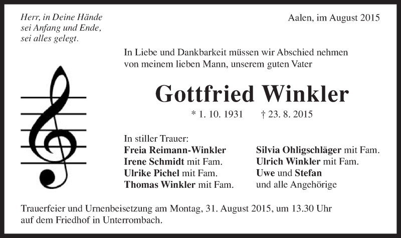  Traueranzeige für Gottfried Winkler vom 27.08.2015 aus Schwäbische Post