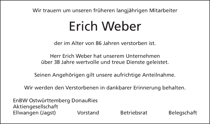  Traueranzeige für Erich Weber vom 07.08.2015 aus Schwäbische Post
