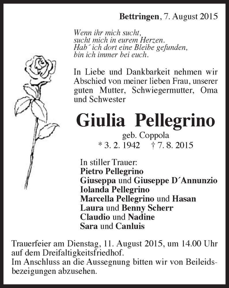  Traueranzeige für Giulia Pellegrino vom 08.08.2015 aus Gmünder Tagespost