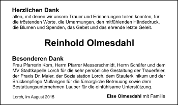 Traueranzeige von Reinhold Olmesdahl von Gmünder Tagespost