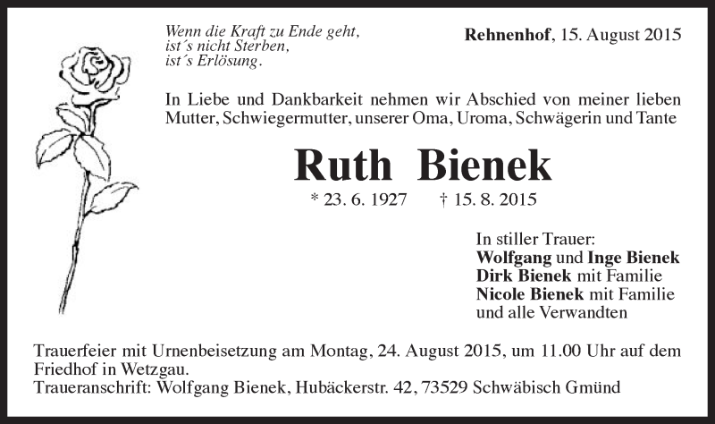  Traueranzeige für Ruth Bienek vom 19.08.2015 aus Gmünder Tagespost