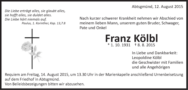  Traueranzeige für Franz Kölbl vom 12.08.2015 aus Schwäbische Post