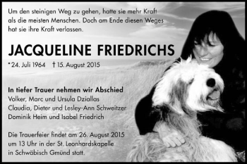 Traueranzeige von Jacqueline Friedrichs von Gmünder Tagespost