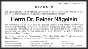 Traueranzeige von Reiner Nägelein von Schwäbische Post
