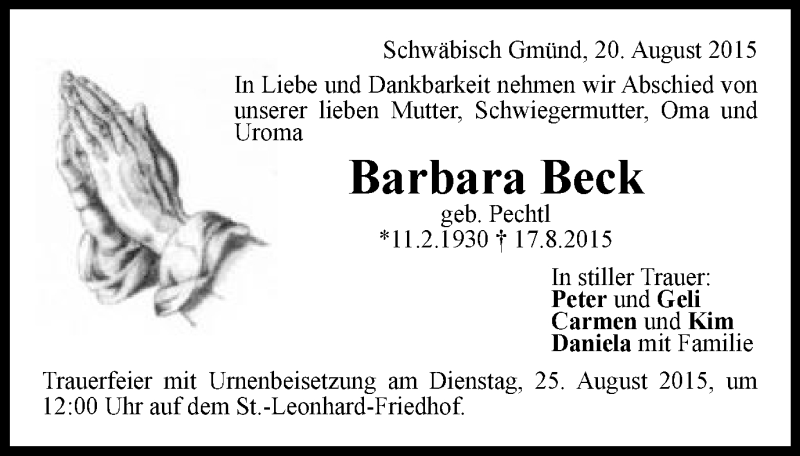  Traueranzeige für Barbara Beck vom 20.08.2015 aus Gmünder Tagespost