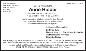Traueranzeige von Anne Rieber von Schwäbische Post